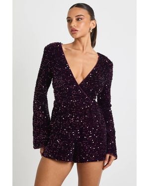 Boohoo Velvet Sequin Flare Sleeve Playsuit - Purple