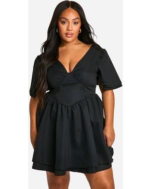 Boohoo Plus Woven Bodice Ruffle Sleeve Skater Dress - Black