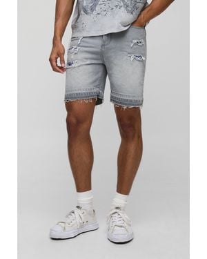 BoohooMAN Slim Rigid Bandana Rip And Repair Denim Shorts - Blue