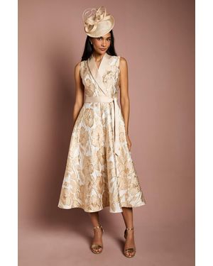 Coast Sleeveless Tux Jacquard Fit And Flare Midi Dress - Brown