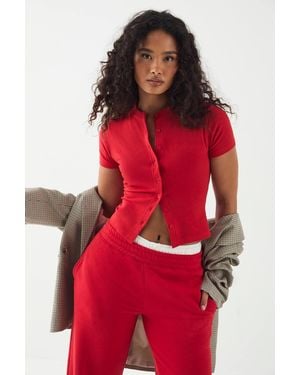 DSGN Studio Script Embroidery Ribbed Button Through Short Sleeve Top - Red