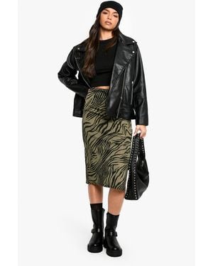 Boohoo Zebra Print Rib Side Split Midi Skirt - Black