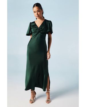 Oasis Satin Twist Front Angel Sleeve Midi Bridesmaid Dress - Green