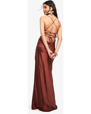 Boohoo Satin Cross Back Maxi Slip Dress - Brown
