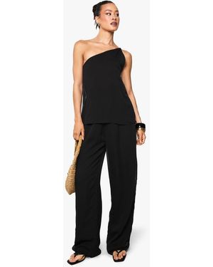Boohoo Tall Chiffon Textured Draped Wide Leg Jumpsuit - Black