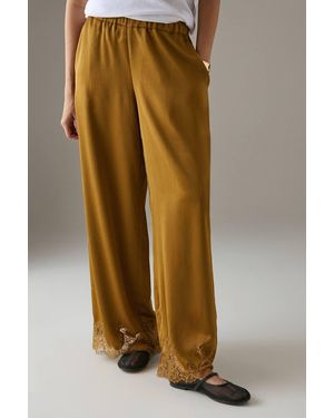 Warehouse Satin Lace Insert High Waisted Wide Leg Pants - Brown