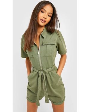 Boohoo Belted Cargo Denim Romper - Green