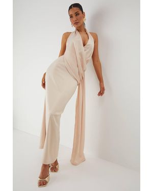 MissPap Satin Halterneck Draped Side Maxi Dress - Natural