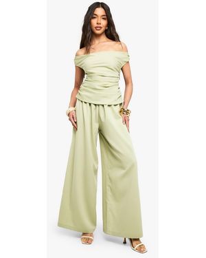 Boohoo Linen Look Bardot Wide Leg Jumpsuit - White