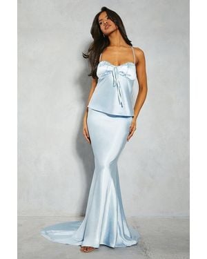 MissPap Premium Satin High Waisted Waterfall Trail Maxi Skirt - Blue