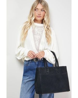 Oasis Claudia Suede Tote Bag With Pocket - Blue