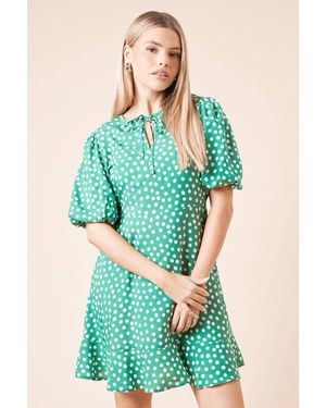 Dorothy Perkins Spot Tie Front Puff Sleeve Mini Dress - Green