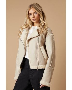 Oasis Pu Borg Detail Collared Zip Jacket - Natural