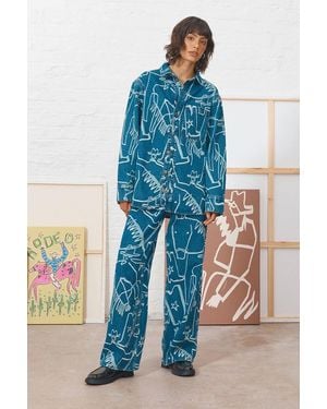 Warehouse Tony Printed Wide Leg Denim Jean Co-Ord - Blue