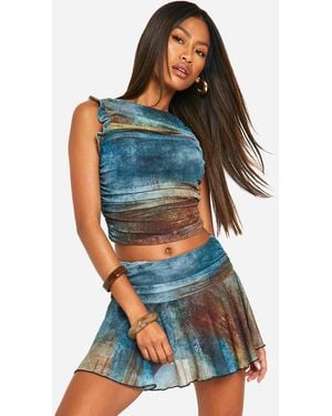 Boohoo Foldover Mesh Smudge Print Mini Skirt - Blue