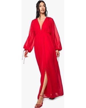 Boohoo Chiffon V Neck Ruched Maxi Dress - Red