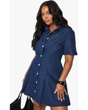 Boohoo Plus Denim Button Pleated Shift Dress - Blue