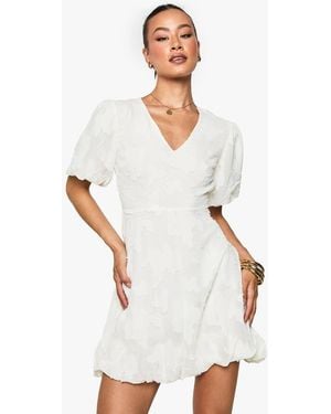 Boohoo Tall Floral Burnout Plunge Puffball Mini Dress - White