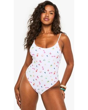 Boohoo Fruit & Cocktail Print Scoop Bathing Suit - White