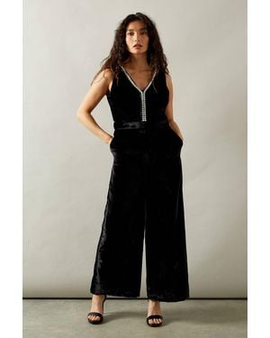 Wallis Occasion Velvet Pearl Embellished Jumpsuit - Black