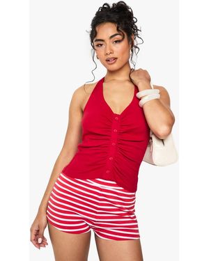 Boohoo Rib Button Through Halterneck Top - Red