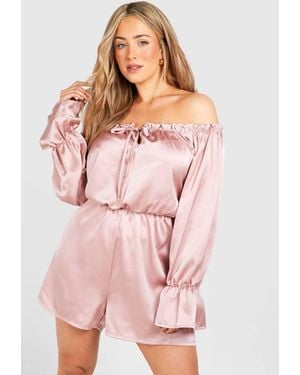 Boohoo Plus Satin Bardot Frill Detail Playsuit - Pink