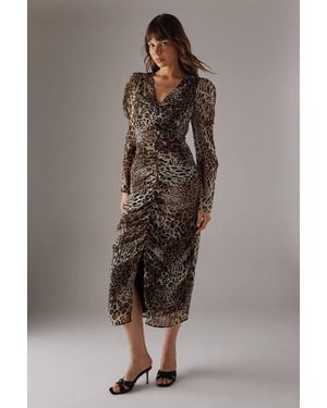 Warehouse Animal Chiffon Ruched Plunge Button Front Midi Dress - Brown