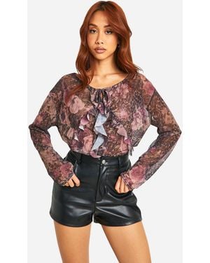 Boohoo Mesh Frill Front Long Sleeve Top - Multicolor