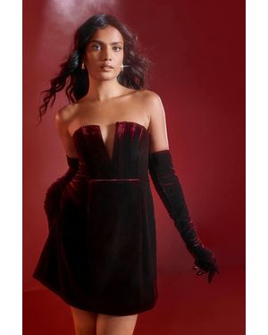 MissPap Velvet V Bar Corseted Glove Detail Mini Dress - Red