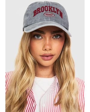 Boohoo Acid Wash Brooklyn Slogan Cap - Gray