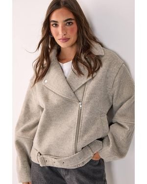 Nasty Gal Oversized Brushed Belted Biker Jacket - Brown