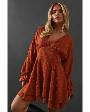 Warehouse Petite Tufted Dobby Chiffon Plunge Neck Mini Dress - Brown