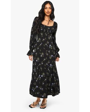 Boohoo Floral Milkmaid Godet Hem Midaxi Dress - Black
