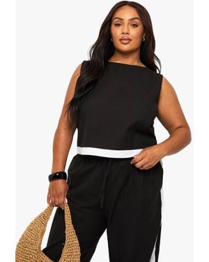 Boohoo Plus Linen Contrast Hem Tunic Top - Black