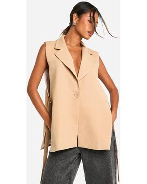 Boohoo Woven Longline Tie Side Waistcoat - Natural