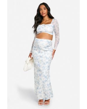 Boohoo Maternity Porcelain Print Bengaline Tie Front Blouse And Maxi Skirt Co-Ord - White