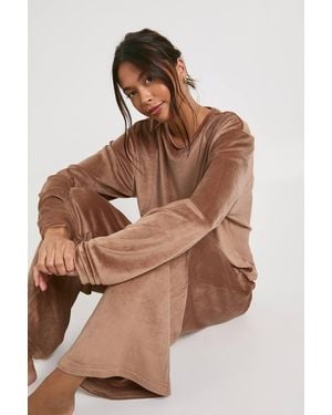 Boohoo Velour Fleece Sweater & Pants Lounge Set - Brown
