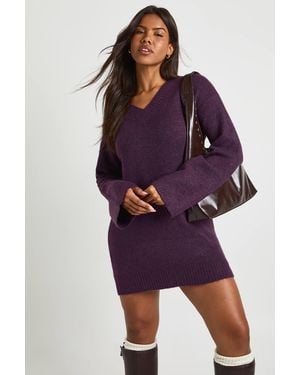 Boohoo Super Soft V Neck Knitted Mini Dress - Purple