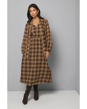 Wallis Flannel Tie Neck Midaxi Dress - Natural