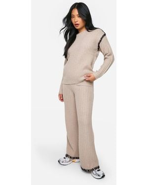 Boohoo Petite Premium Heavyweight Contrast Trim Sweater And Trouser Knitted Set - Natural