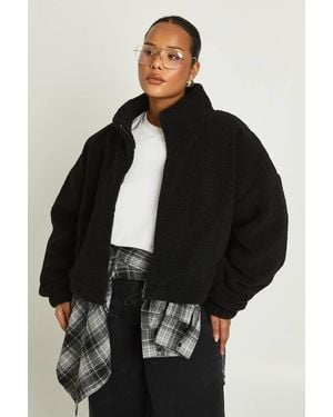 Boohoo Plus Boxy Teddy Bomber Jacket - Black
