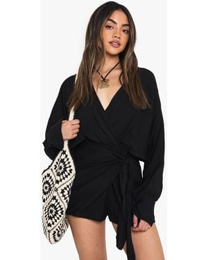 Boohoo Linen Look Wrap Playsuit - Black
