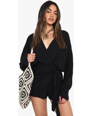 Boohoo Linen Look Wrap Playsuit - Black