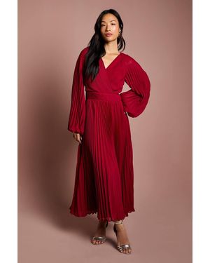Coast Long Sleeve Chiffon Pleated Wrap Midi Dress - Red