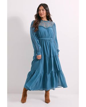 Dorothy Perkins Petite Lace Yoke Blouson Sleeve Tiered Midaxi Dress - Blue