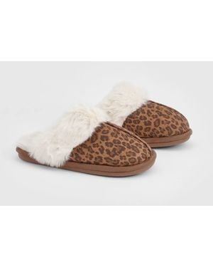 Boohoo Fluffy Trim Leopard Print Mule Slippers - Multicolor