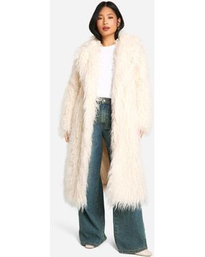Boohoo Abrigo Petite Maxi De Pelo Sintético Mongol - Blanco