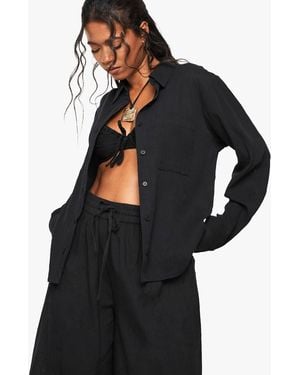 Boohoo Crinkle Cotton Beach Shirt - Black