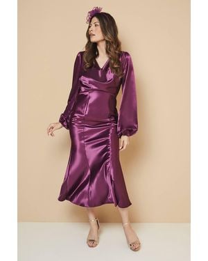 Wallis Satin Cowl Neck Midi Dress - Purple