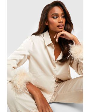 Boohoo Satin Feather Cuff Shirt - Natural